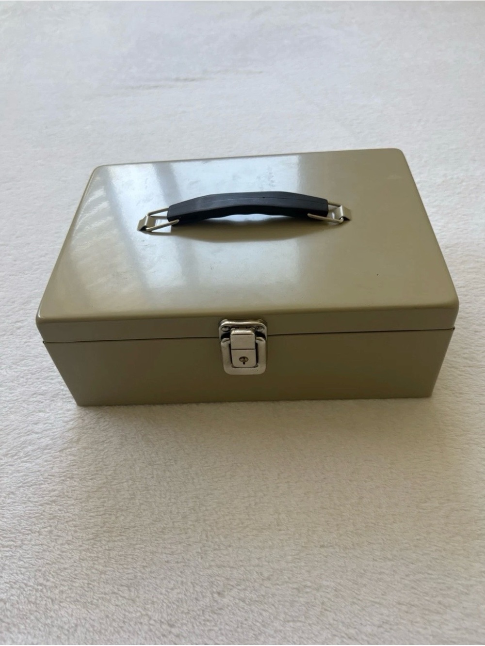 Metal Storage Box with Black Handle - Olive Green/Beige